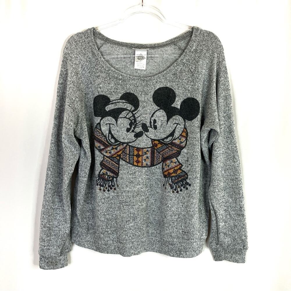 Disney Parks Mickey and Minnie Winter Scarf Gray Sweater Scoop Neck Womens XL